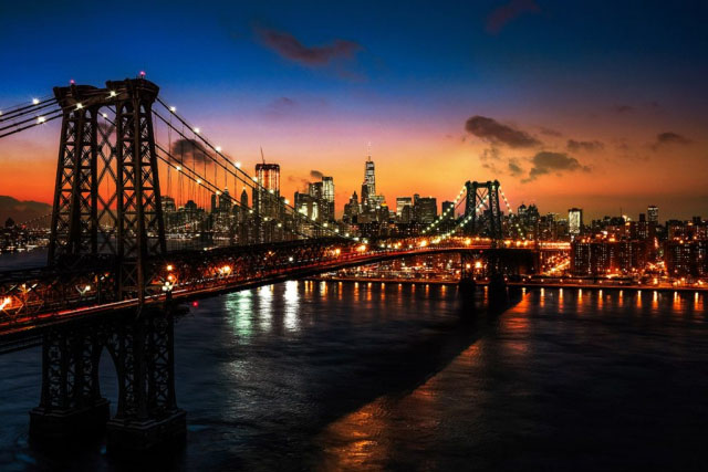 Colorful Sunset over the NYC Williamsburg Bridge Stock Image