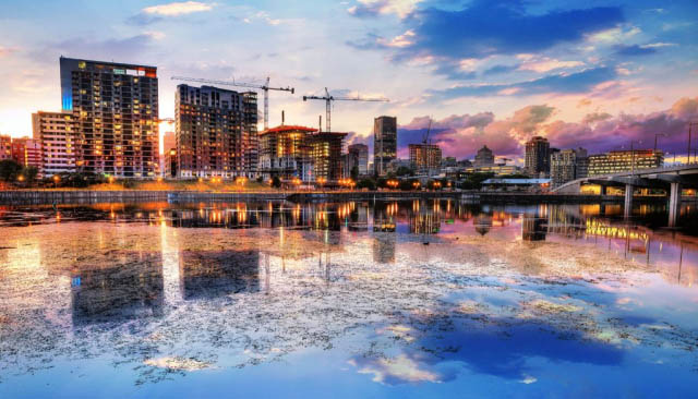 2020 Montreal City at Sunset with Water Reflection Stock Image