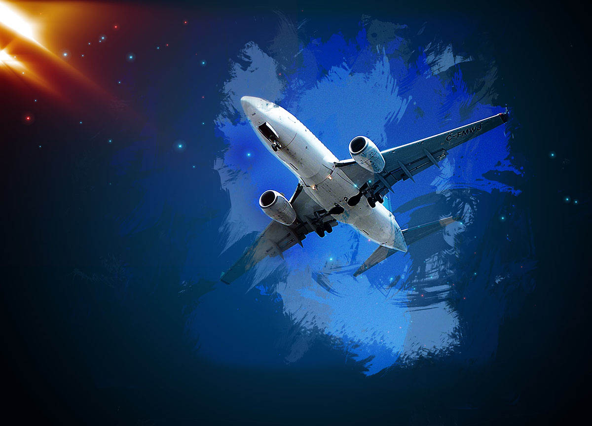 Flying Midsize Airplane Art Background with Copy Space